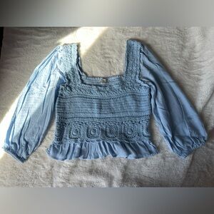 American Eagle Light Blue Crochet Blouse